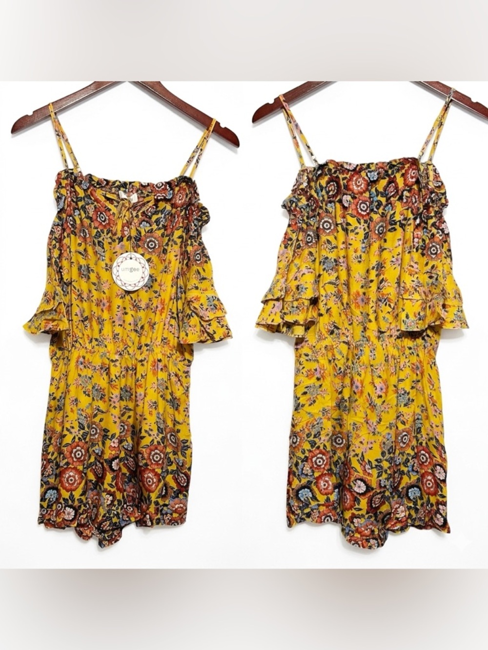Boho Floral Ruffle Off Shoulder Romper Mustard Festival Cottagecore Small Umgee - Picture 4 of 8
